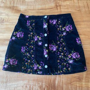 Black and Purple Floral BDG A-line Button Mini Skirt Medium